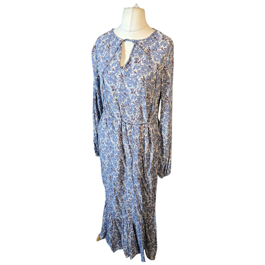 Next Blue & White Floral Maxi Dress – Size 12 – Long Sleeves, Belted
