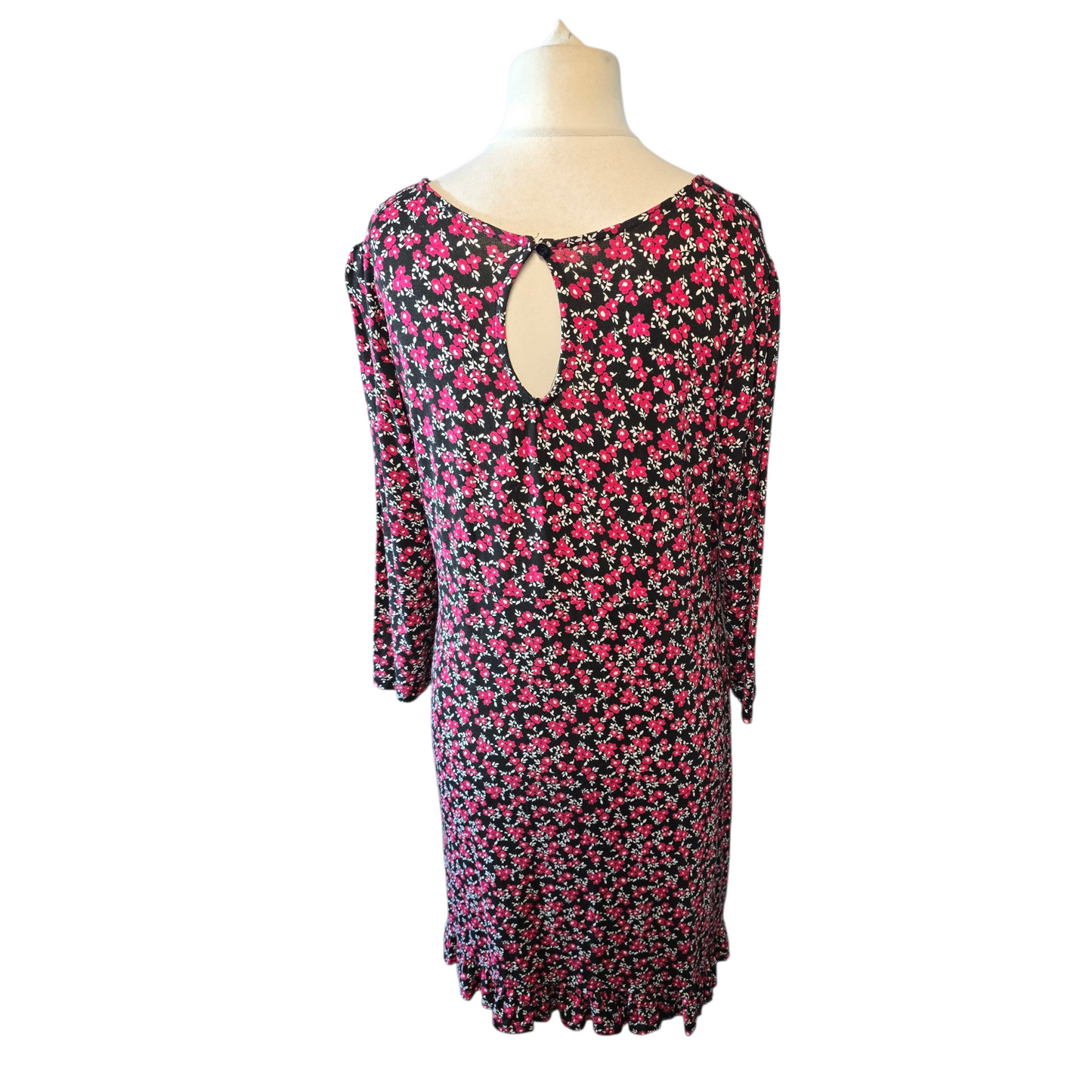 Peacocks Black & Pink Floral Knee Length Dress – Size 16 – ¾ Sleeves, Viscose