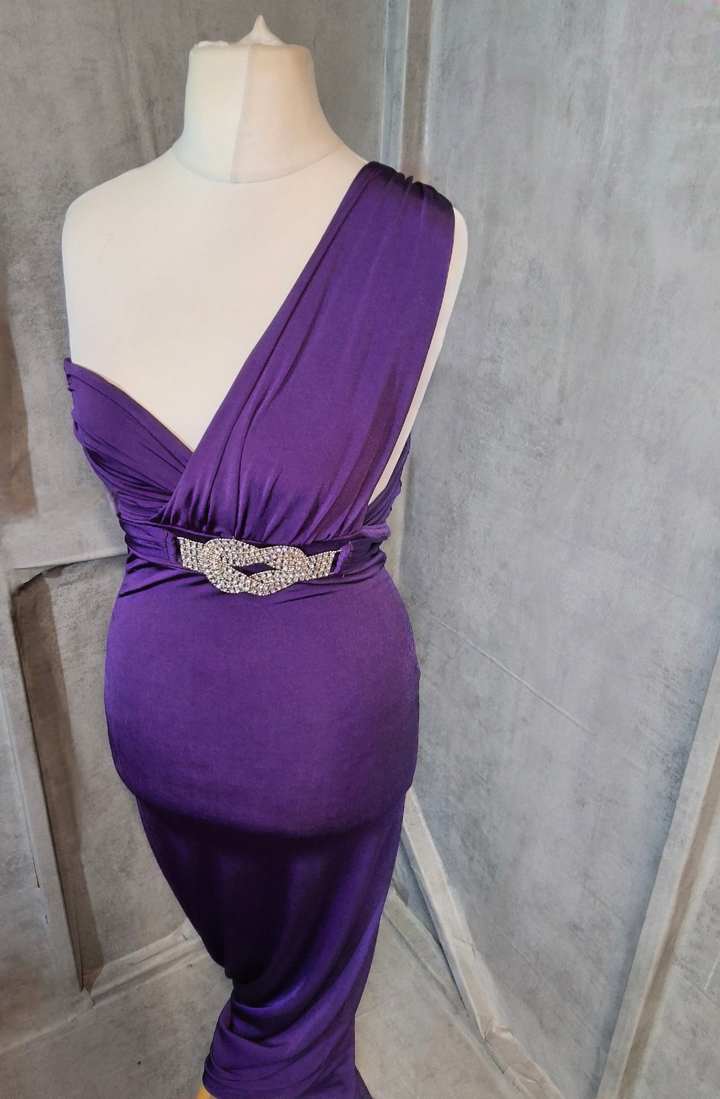 Jane Norman Cadbury Purple One Shoulder Maxi Dress – Size 10 – Belted Evening Gown