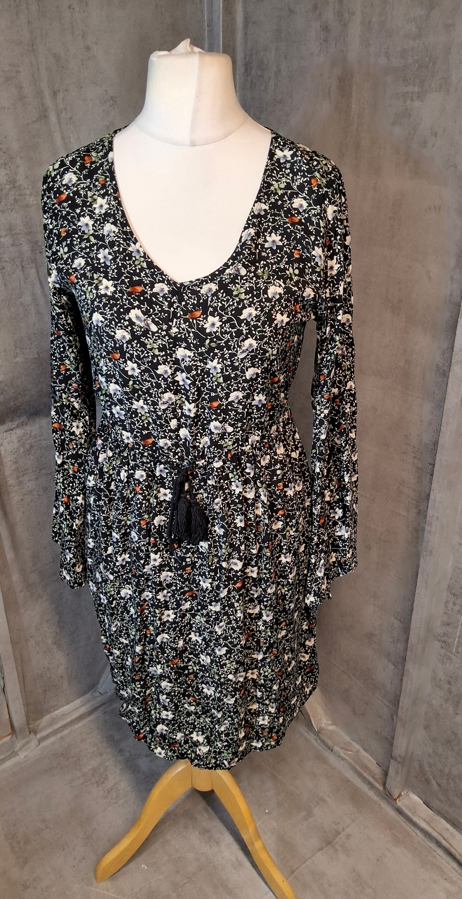Brave Soul Black Floral Dress – Long Sleeve with Flared Cuffs – Size 10