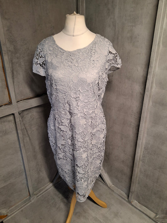 Dorothy Perkins Grey Lace Midi Dress – Size 16 – V-Back – Elegant Floral Overlay – Zip Fasten
