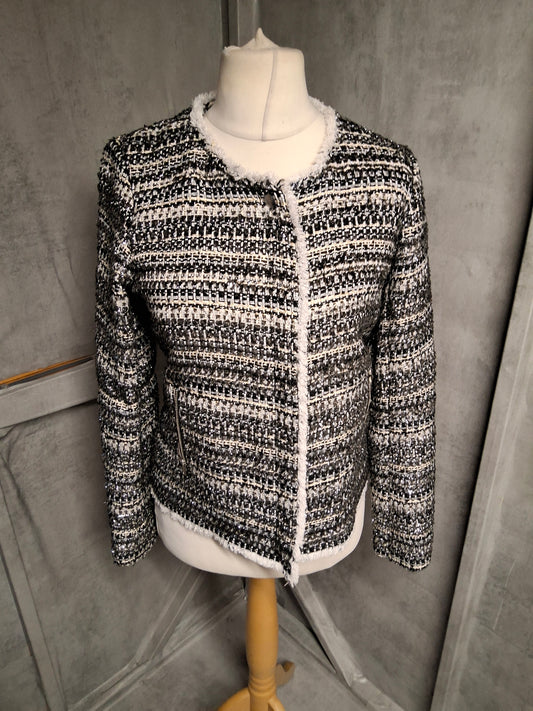 Next Tailoring Black & White Tweed Blazer – Size 10R – Zip Front & Pockets