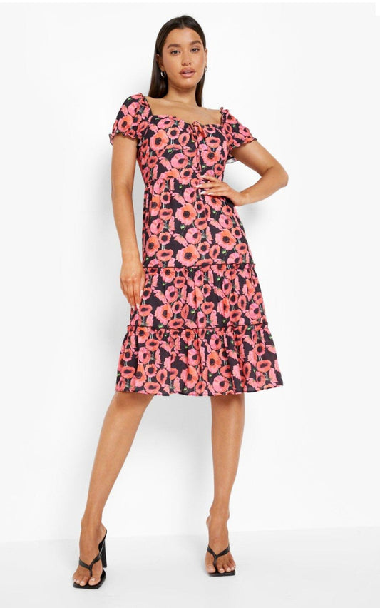 Boohoo Floral Puff Sleeve Midi Dress – Size 18 NWT 🌸