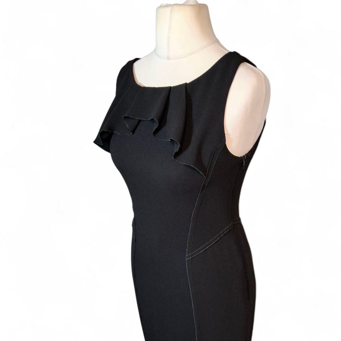 Karen Millen Black Sleeveless A-Line Dress – UK 12 – Frill Detail, Lined