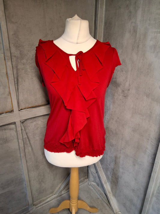 Debenhams Petite Red Ruffle Top – Size 12 | Short Sleeve, Tie Front & Flirty Statement Style
