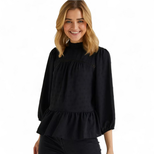 Matalan Black Peplum Blouse – Frilly Neck, ¾ Sleeves & Embossed Polka Dot Design – Size 16