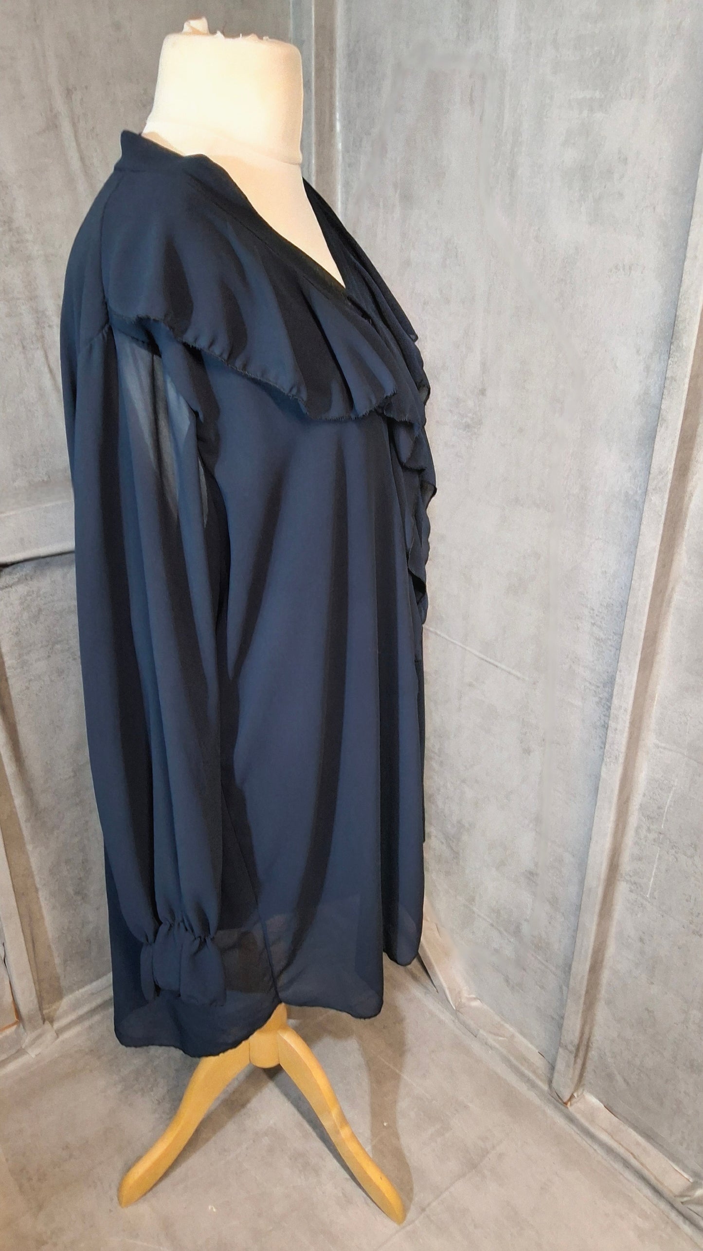 Diverse Navy Blue Longline Frill Blouse – Sheer Sleeves – One Size