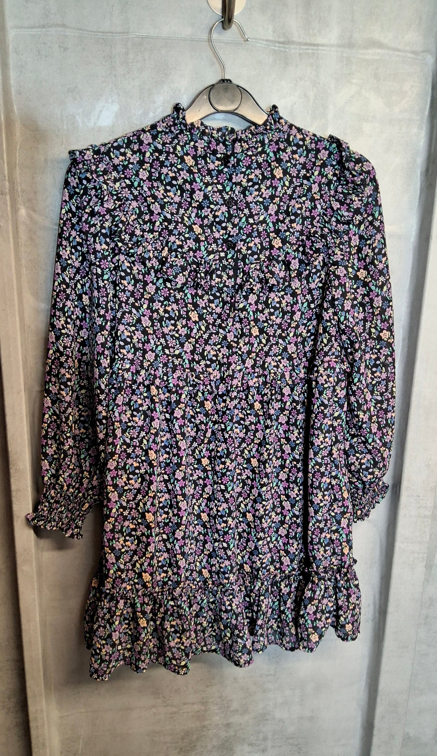 M&S Girls Black Floral Frill Dress – Age 10-11 Years – Polyester