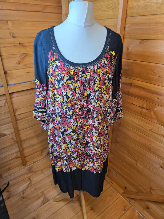 Monsoon Floral Tunic Dress Size 16 – 3/4 Flared Sleeves, Lined, Scoop Neck, Knee Length