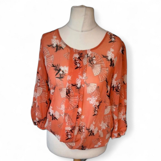 Wallis Sheer Orange Fan Print Blouse – Size M (size 10/12) Floaty & Fab