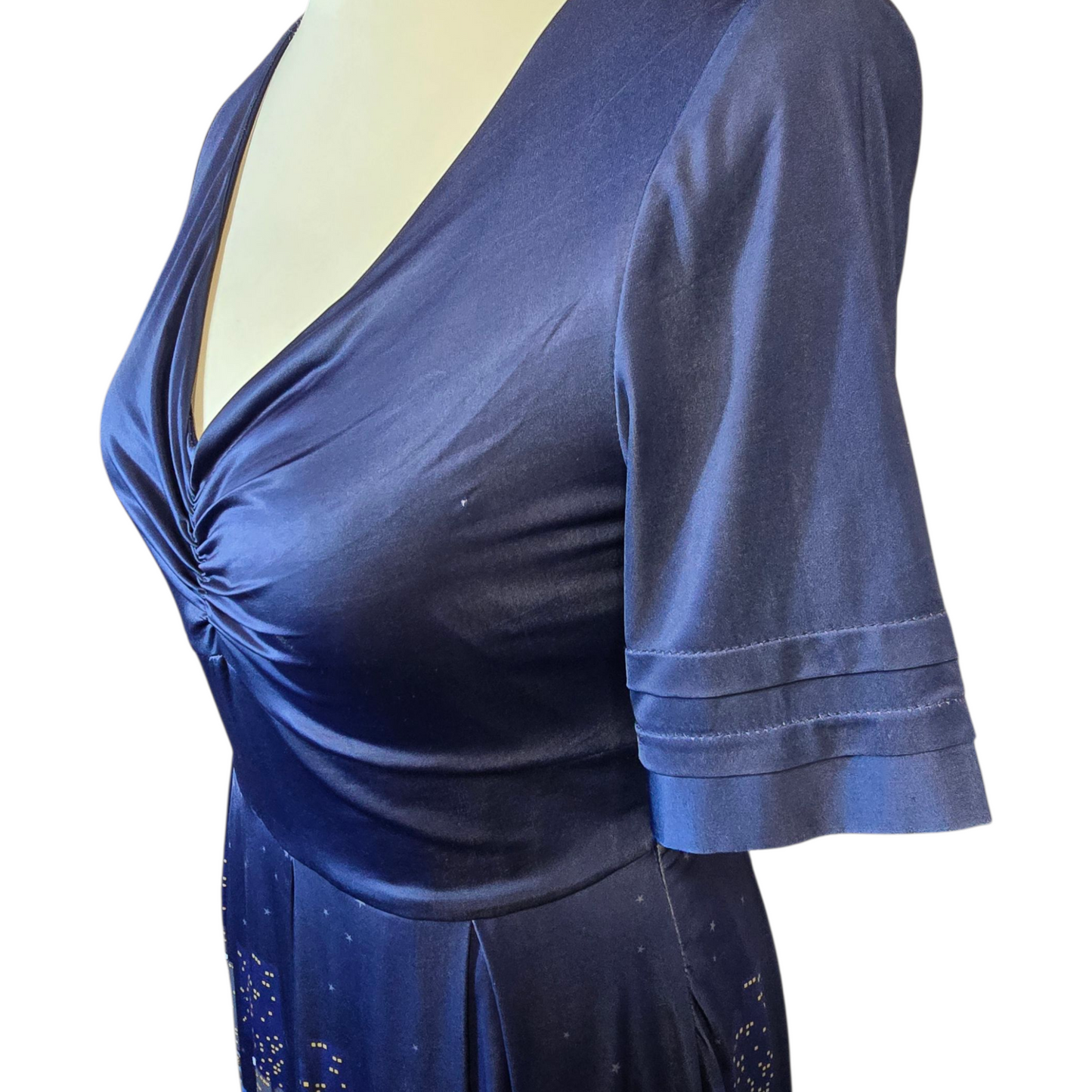 Lindy Bop Navy New York Print Midi Dress – Size 10 – Ruched Bust & Lined