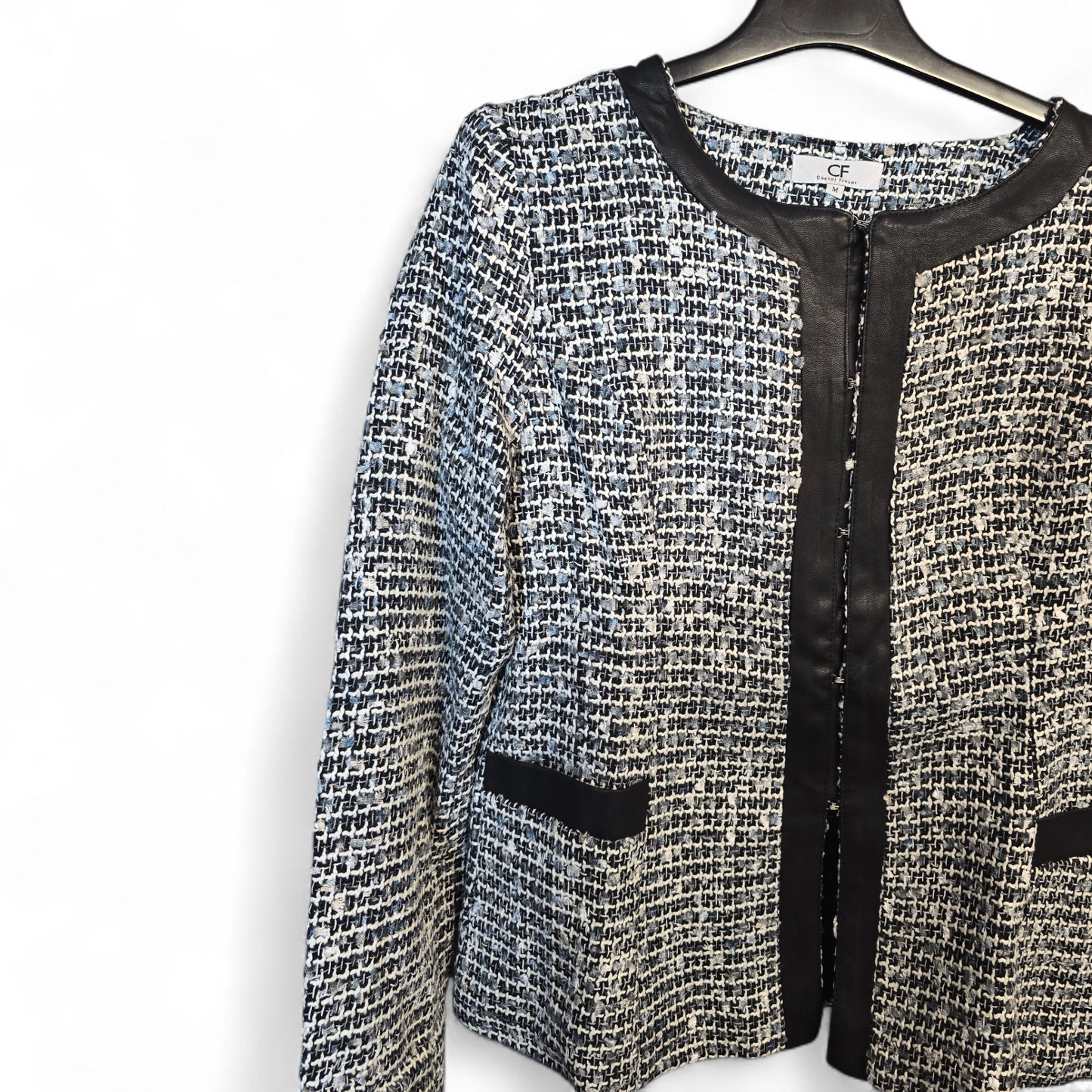 Chenai Frazer Maternity Skirt Suit – Black, Grey & White Knit – Faux Leather Trim – Size M (UK size 10/12)