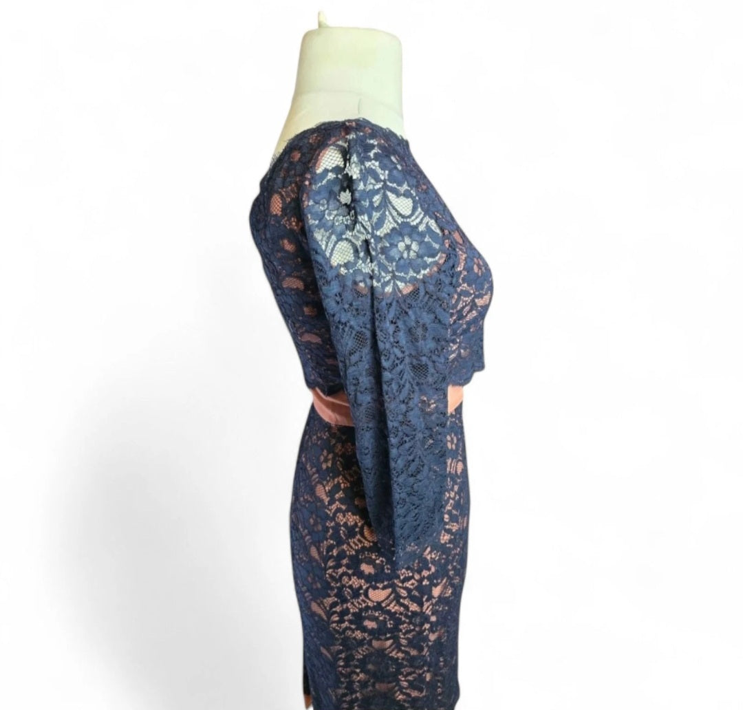 Boden Navy & Beige Lace Dress – Size 10, A-Line, 3/4 Sleeves, Knee-Length, Elegant Party Style