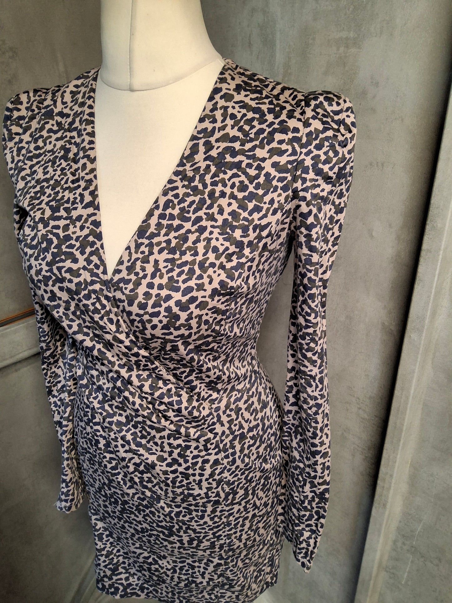French Connection Navy & Beige Animal Print Bodycon Mini Dress – Size 10