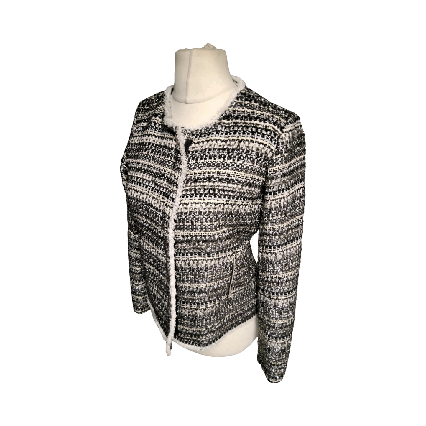 Next Tailoring Black & White Tweed Blazer – Size 10R – Zip Front & Pockets