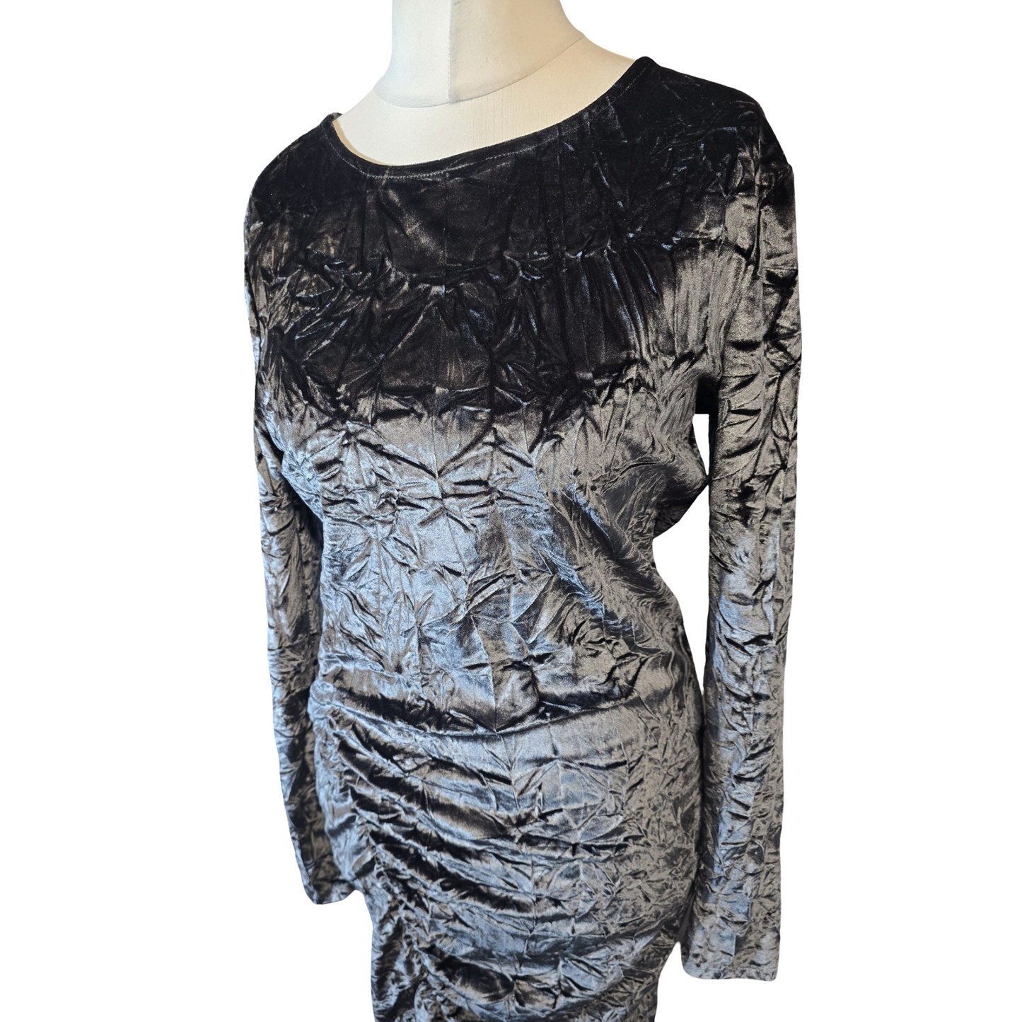 Next Charcoal Crushed Velvet Midi Dress – Ruched Long Sleeve Bodycon – Size 16