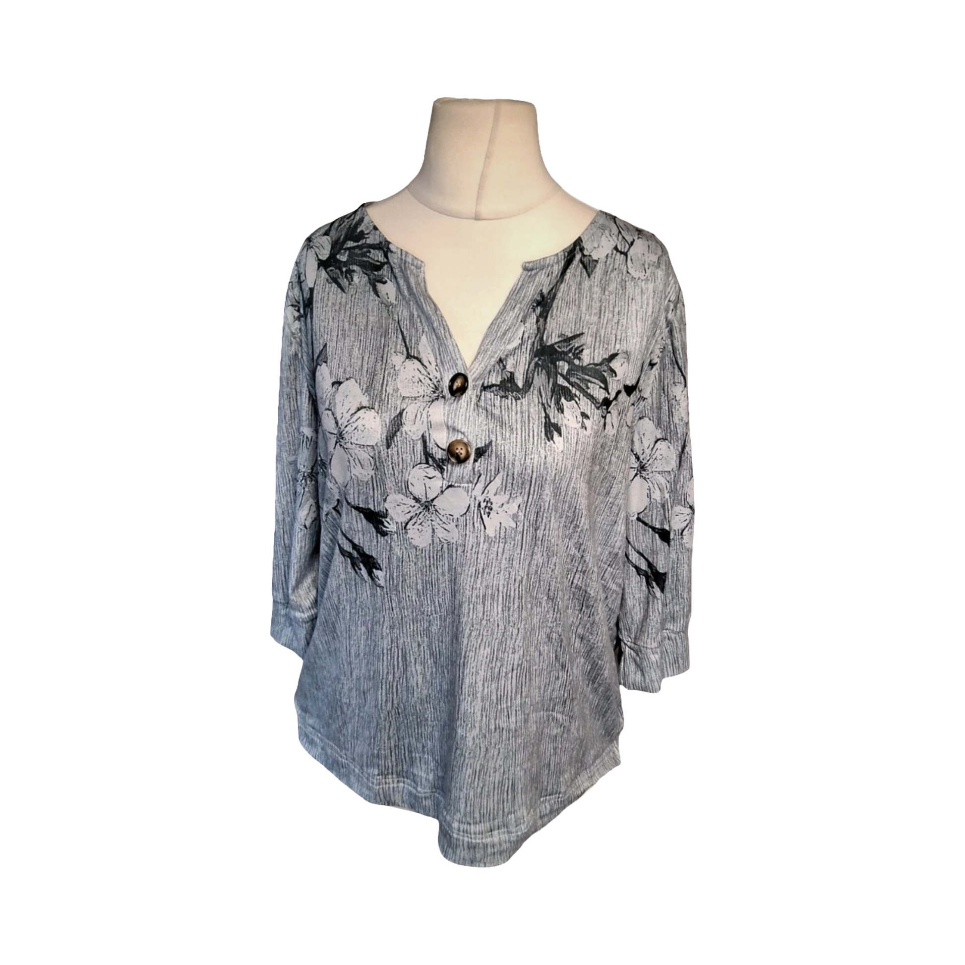 Grey Floral 3/4 Sleeve Stretchy Top – Size L (UK size 16/18) – Casual Everyday Style