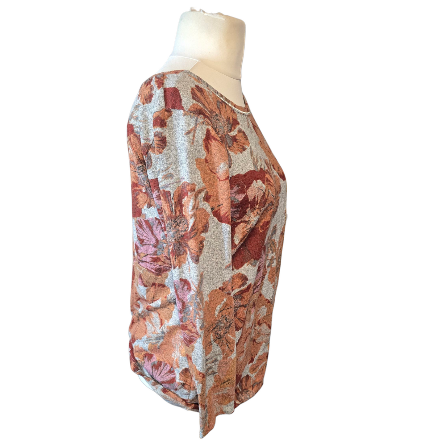 M&S Classic Grey & Light Brown Floral Lightweight Jumper – Size 16 – Longer Length