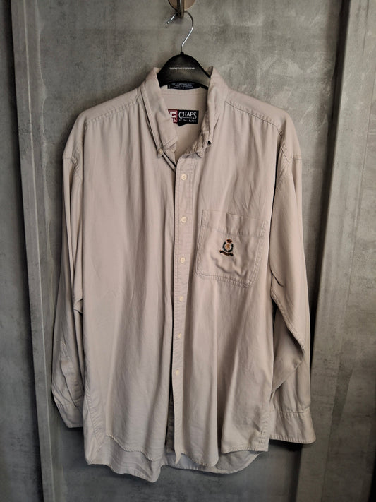 Vintage 90s Ralph Lauren CHAPS Beige Shirt | Size M | Long Sleeve Cotton Logo