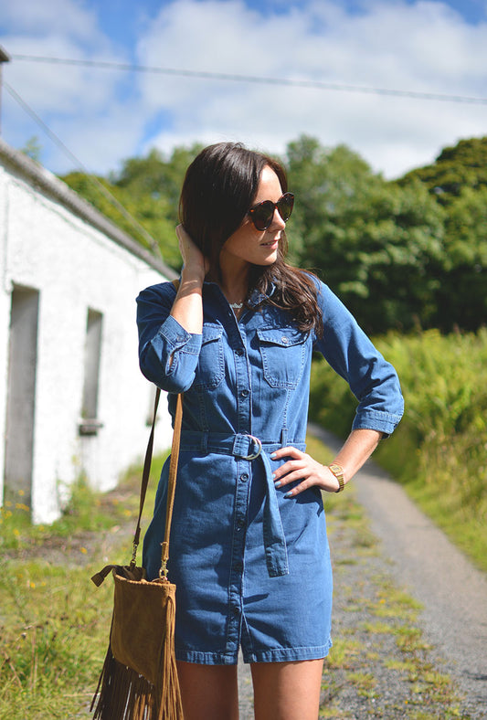 Miss Selfridge Denim Mini Dress – Size 12 – 3/4 Sleeve – Belted Shirt Dress – 100% Cotton