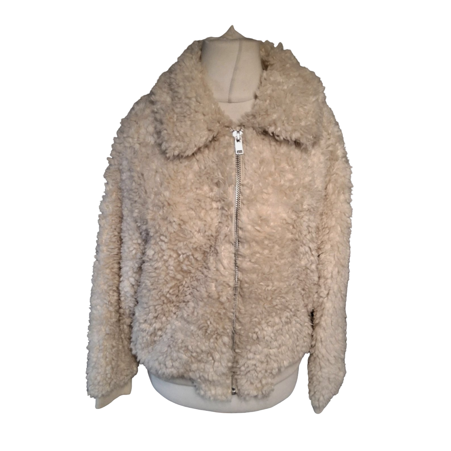 H&M Cream Faux Fur Teddy Coat – Zip Up, Pockets, Lined, Size L (size 16/18) – Cosy Mid Length