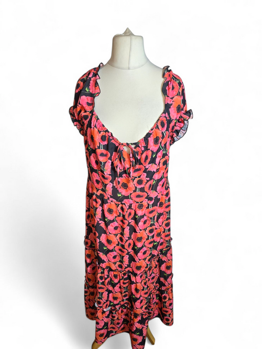 Boohoo Black & Pink Floral Midi Dress | Size 18 UK | Frill Detail, NWT, Zip Back