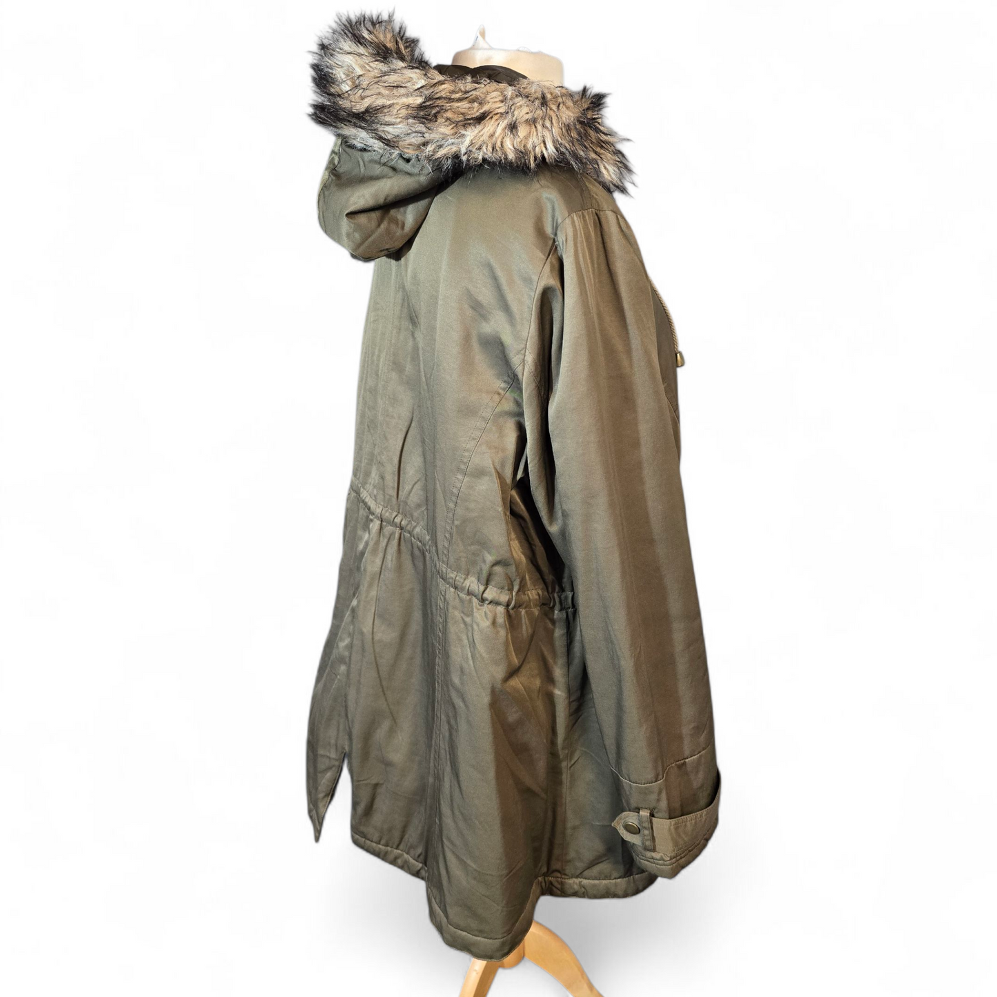 Ann Harvey “Anya” Khaki Green Coat – Size 18 – Faux Fur Hood