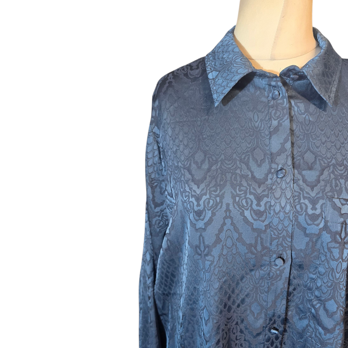 Next Navy Patterned Silky Blouse – Longer Length, Size 16
