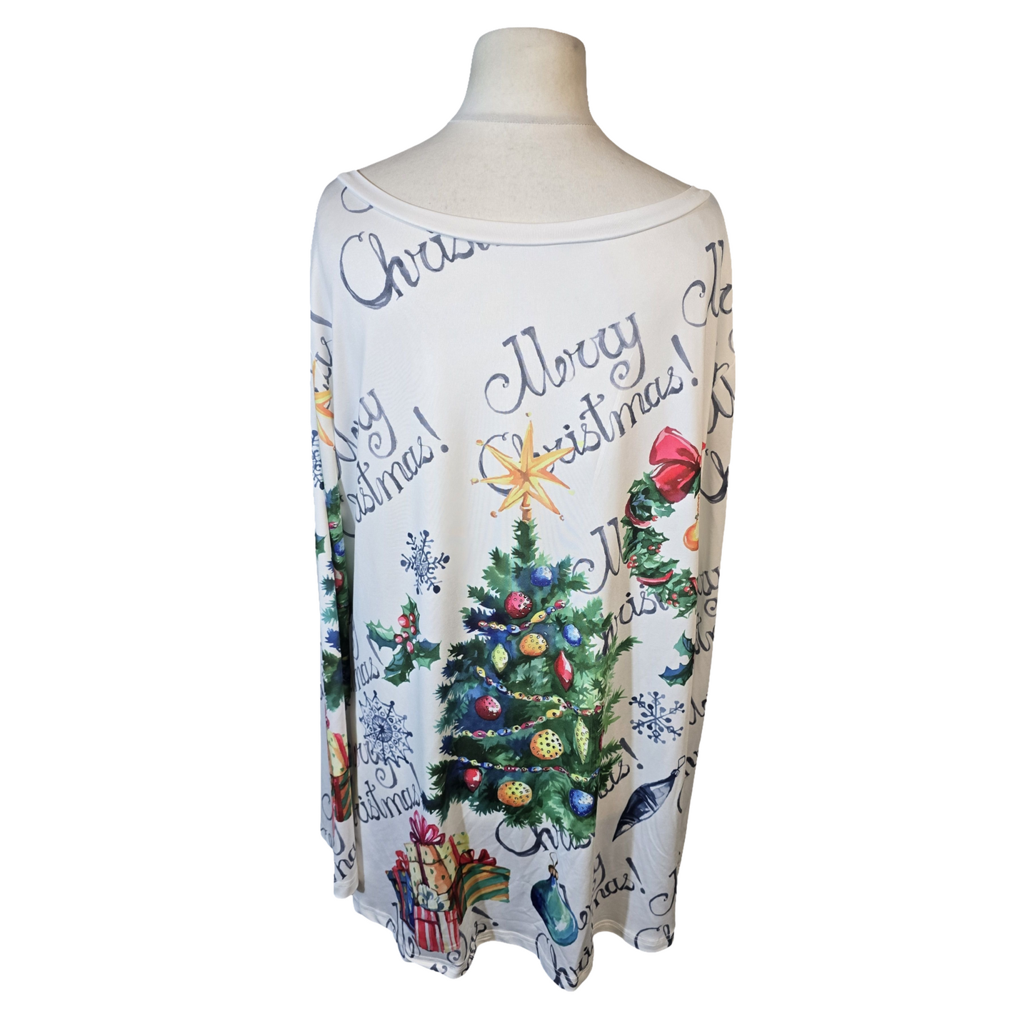 Christmas Tree & Wreath Print Long Sleeve T-Shirt – Size 4XL (Fits size 22/24)