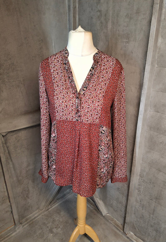 Zara Burgundy Red Floral Patchwork Blouse – Size M (UK 10/12) – 100% Polyester