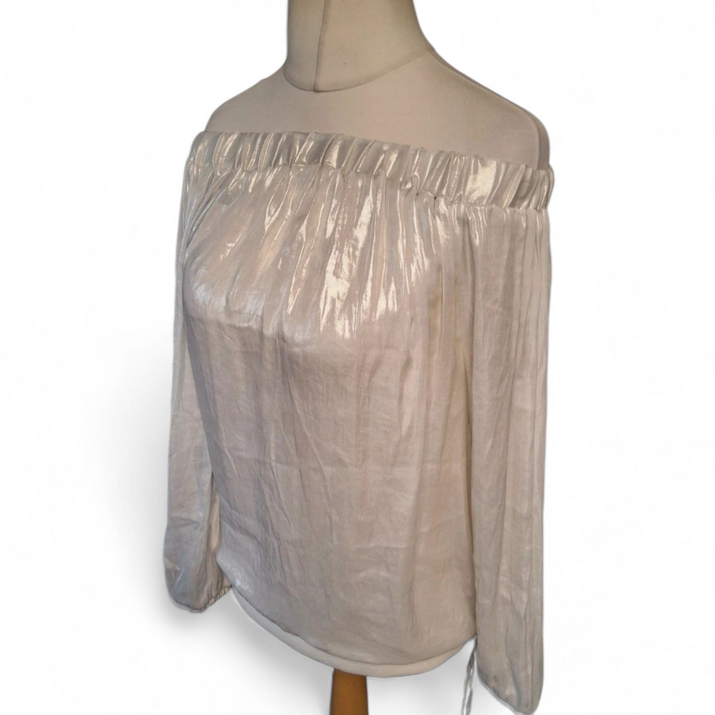 Next Cream Ivory Off-Shoulder Shiny Long Sleeve Top – Size 14