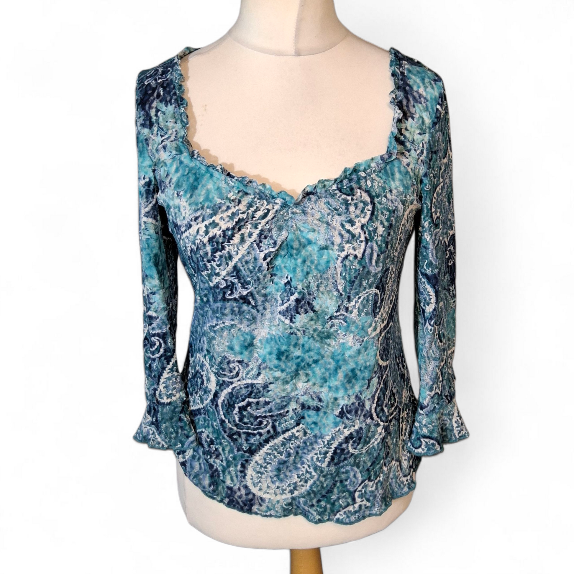 Per Una Blue Patterned Sheer Lace Top – Flared Cuffs – Size 14