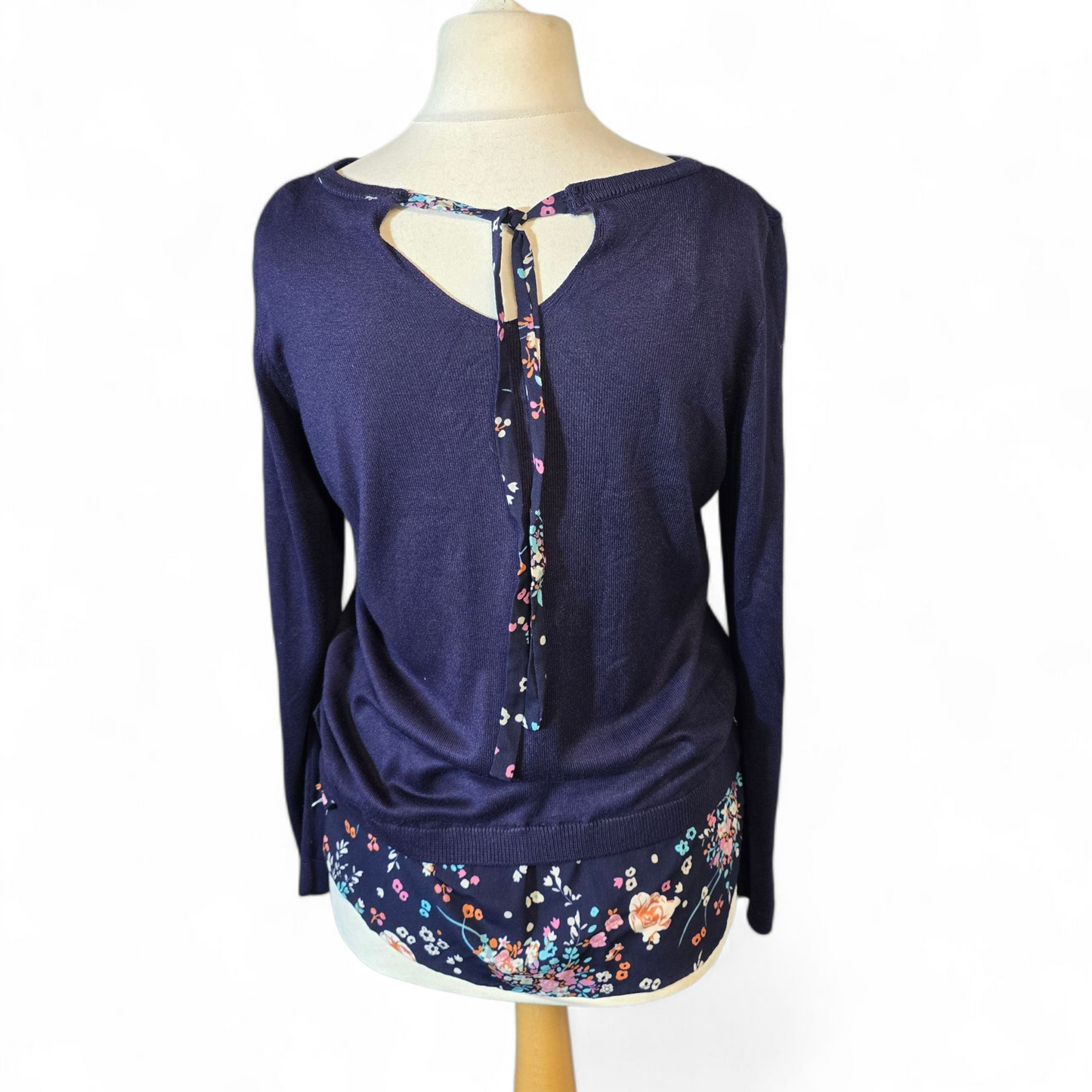 George Navy Floral Hem Jumper – Size 10 – Tie Back & Layered Shirt Look