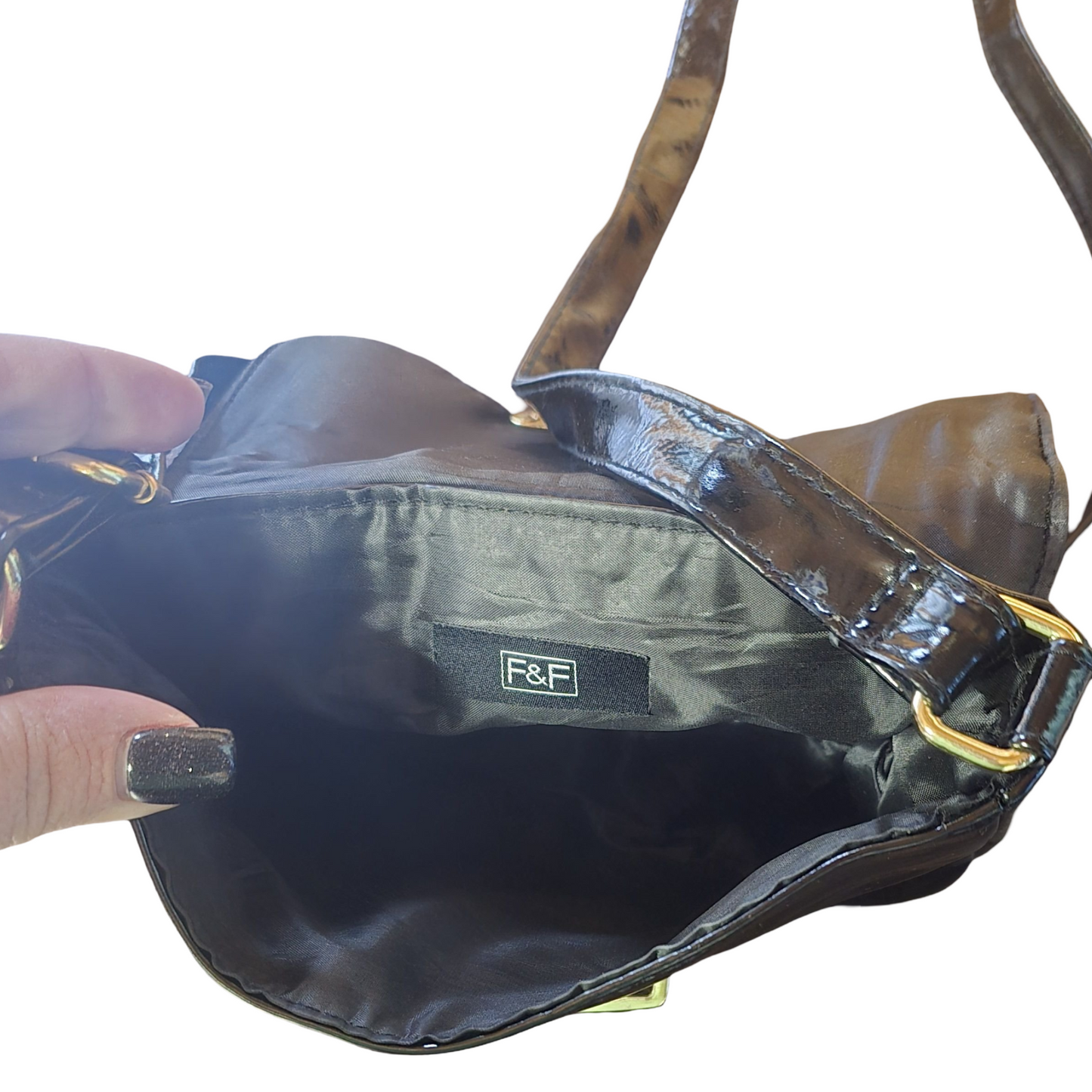 F&F Black Patent Crossbody Bag – Adjustable Strap & Clasp Shut