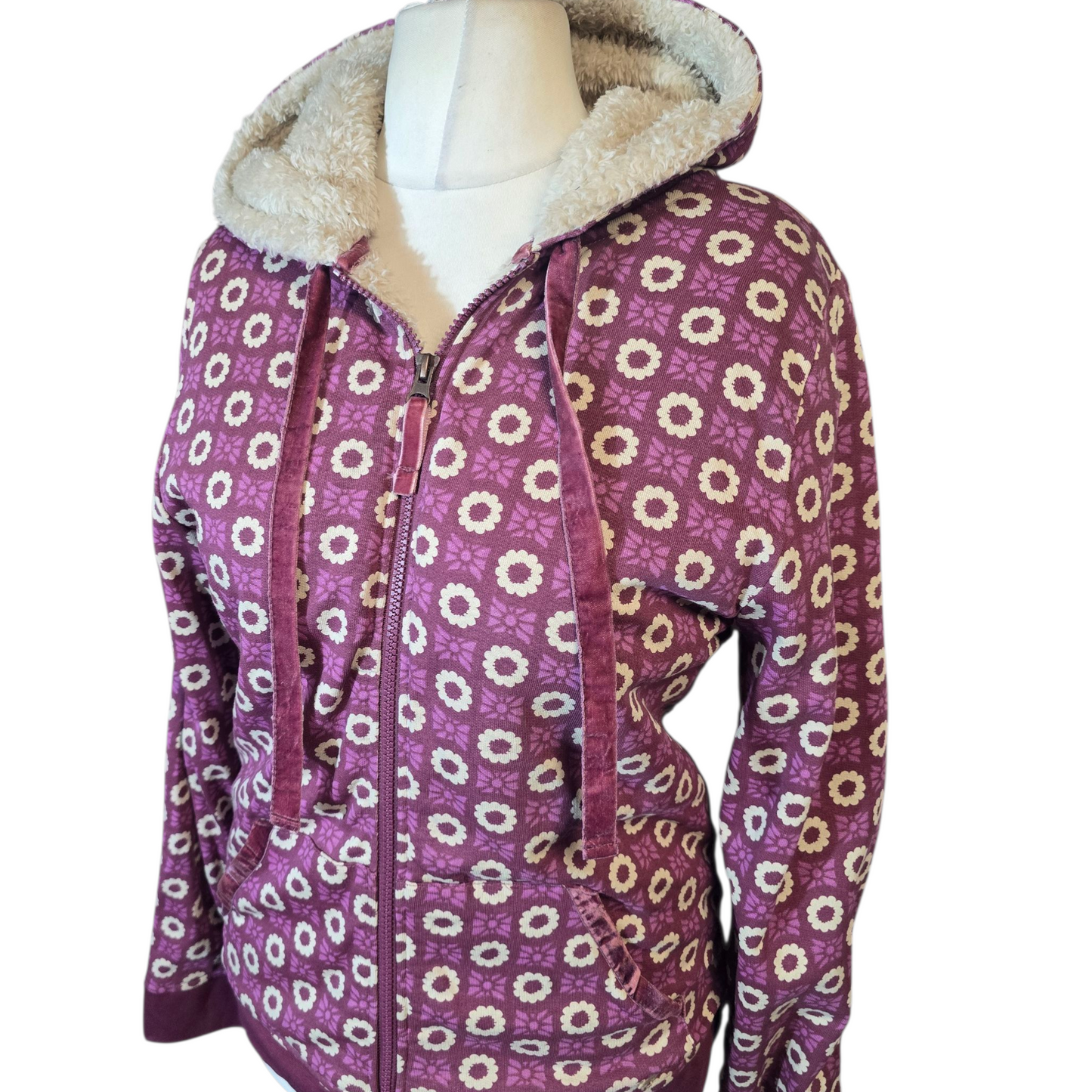 Country Rose Purple & Cream Floral Fleece-Lined Hoodie – Size Small (UK size 10/12)