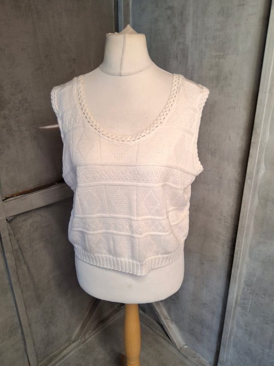 Handmade White Knit Tank Top – Cropped Sleeveless – Size Large