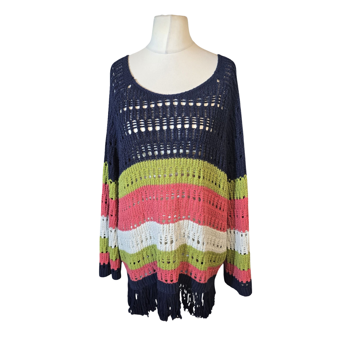 Next Multicoloured Striped Crochet Tassel Jumper – Size 16/18 – Boho Sheer Knit
