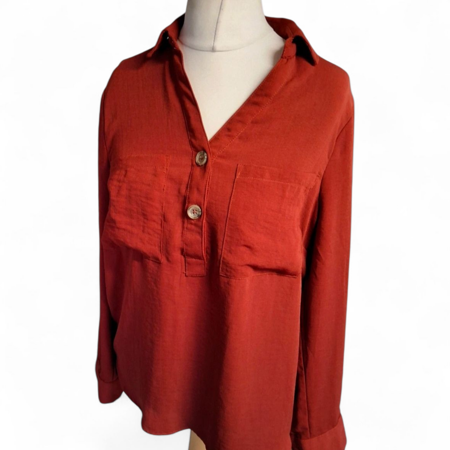 Matalan Burgundy Long Sleeve Blouse – Size 12 – Relaxed Fit with Pockets