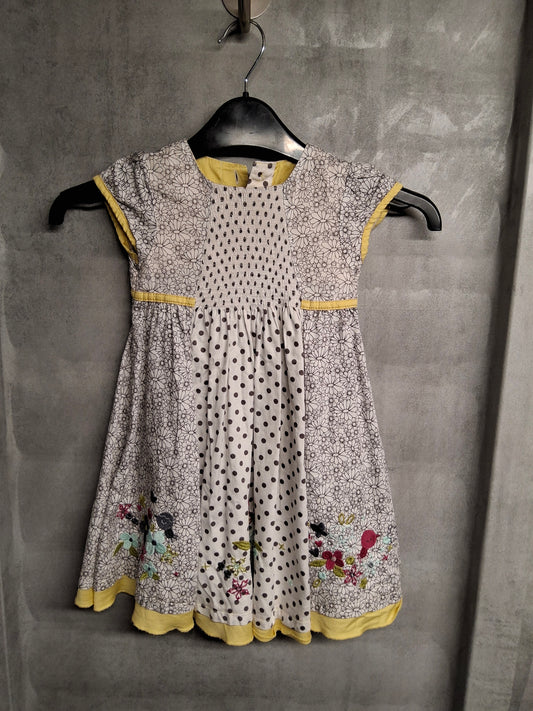 Marks & Spencer Girls Floral & Polka Dot Dress – Age 3–4 Years – White/Yellow