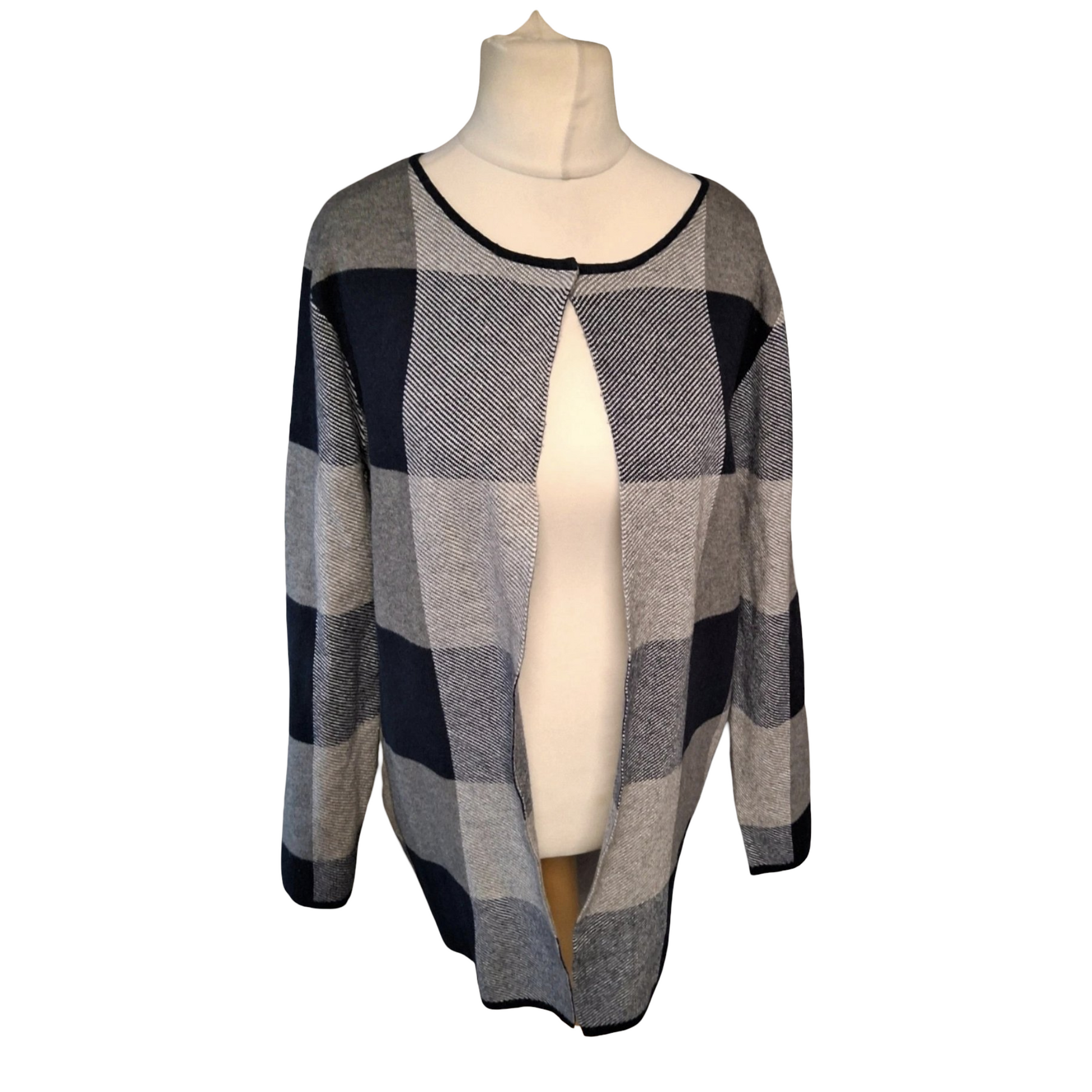 Cerulean Collection Navy & Grey Checked Knit Cardigan – Size M (UK size 12/14)