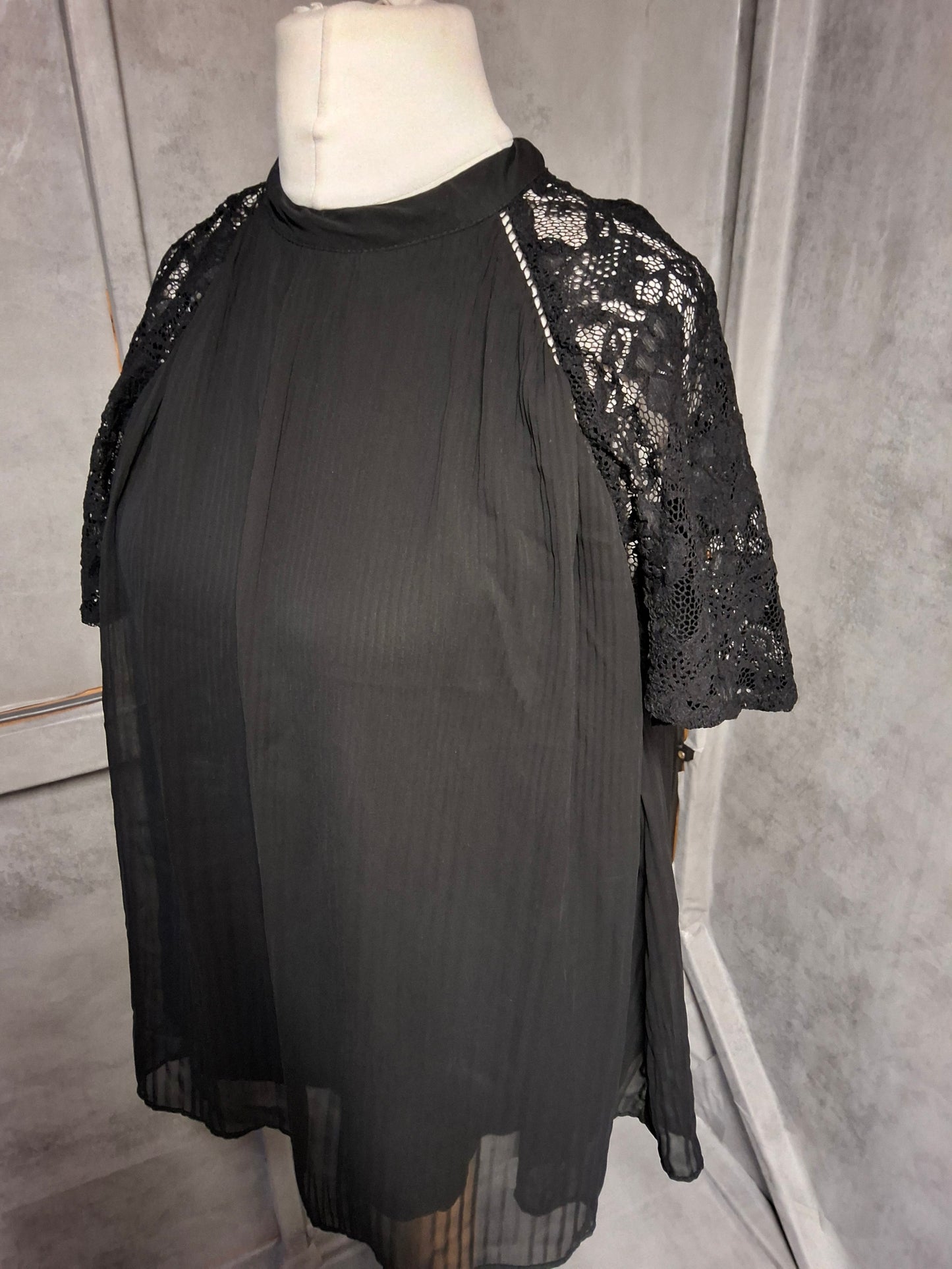 Next Black Sheer Pleated Top with Lace Sleeves – Size 12