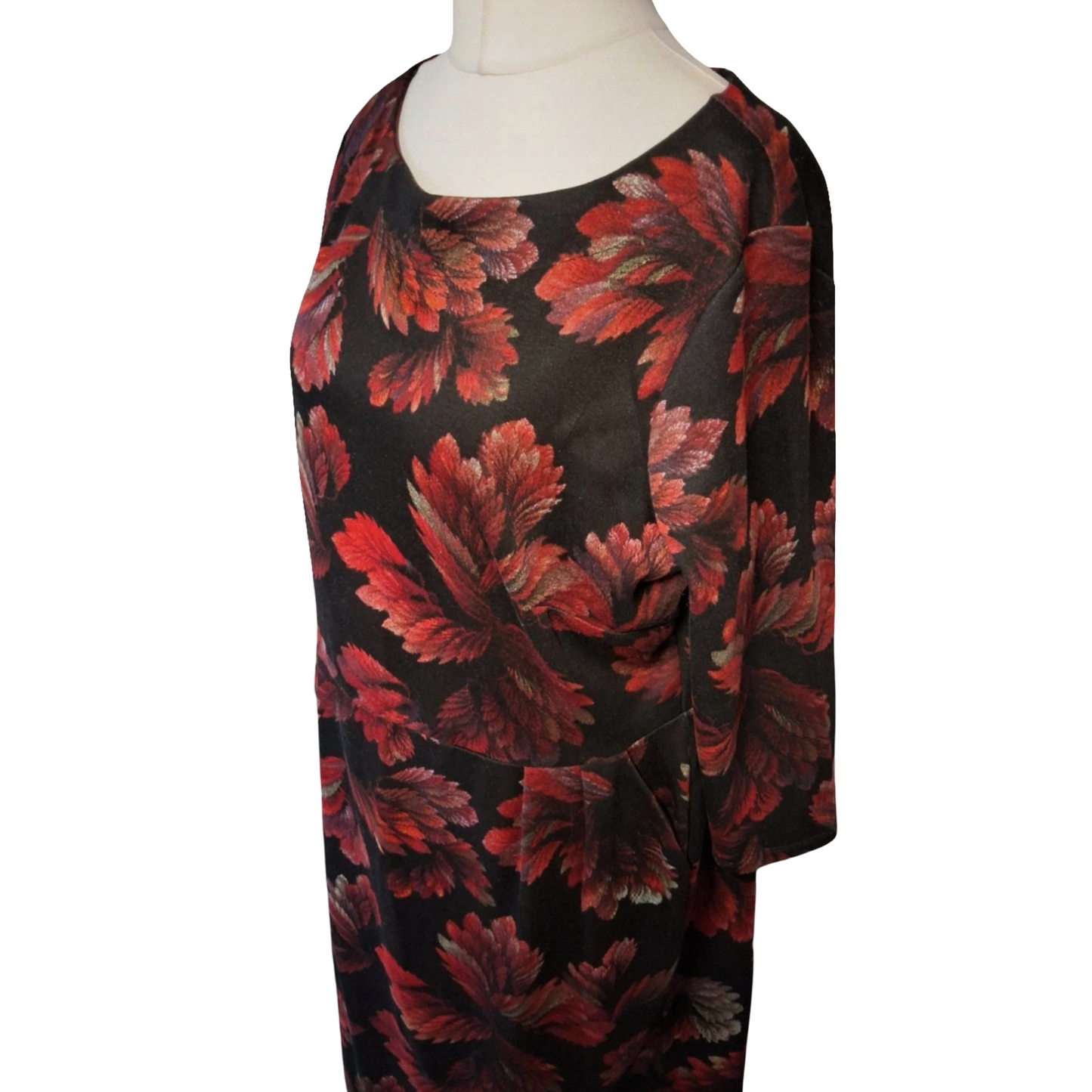 Roman Black & Red Floral Midi Dress – Long Sleeves, Pockets, Size 18 – Viscose/Polyester
