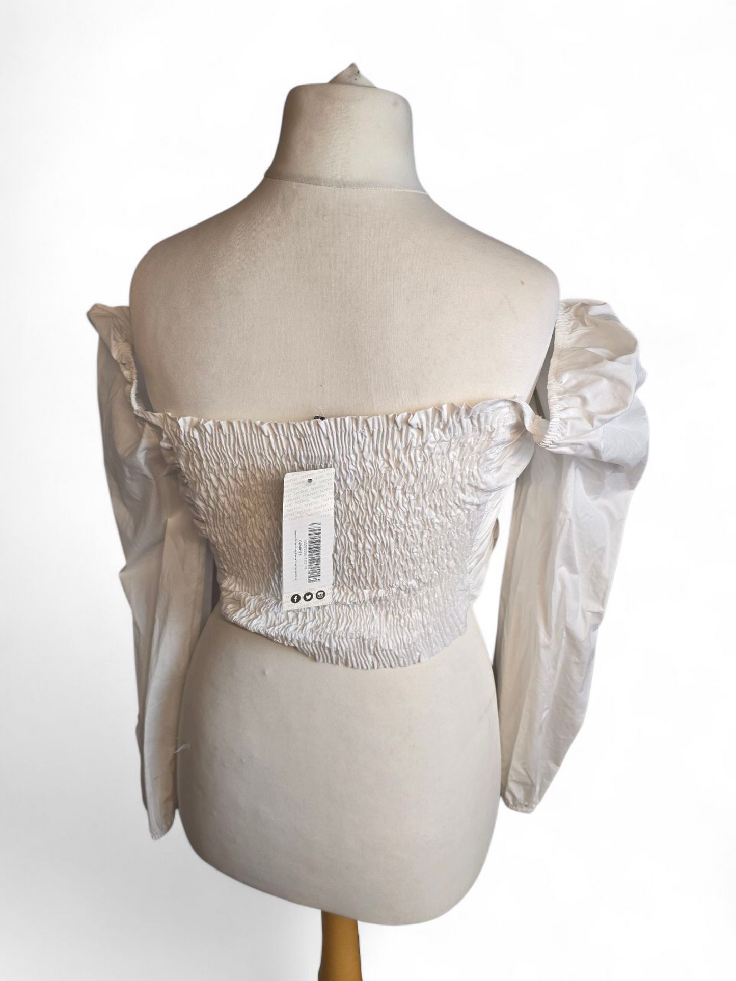Boohoo White Off-the-Shoulder Cotton Crop Top | Size 10 UK | New with Tags