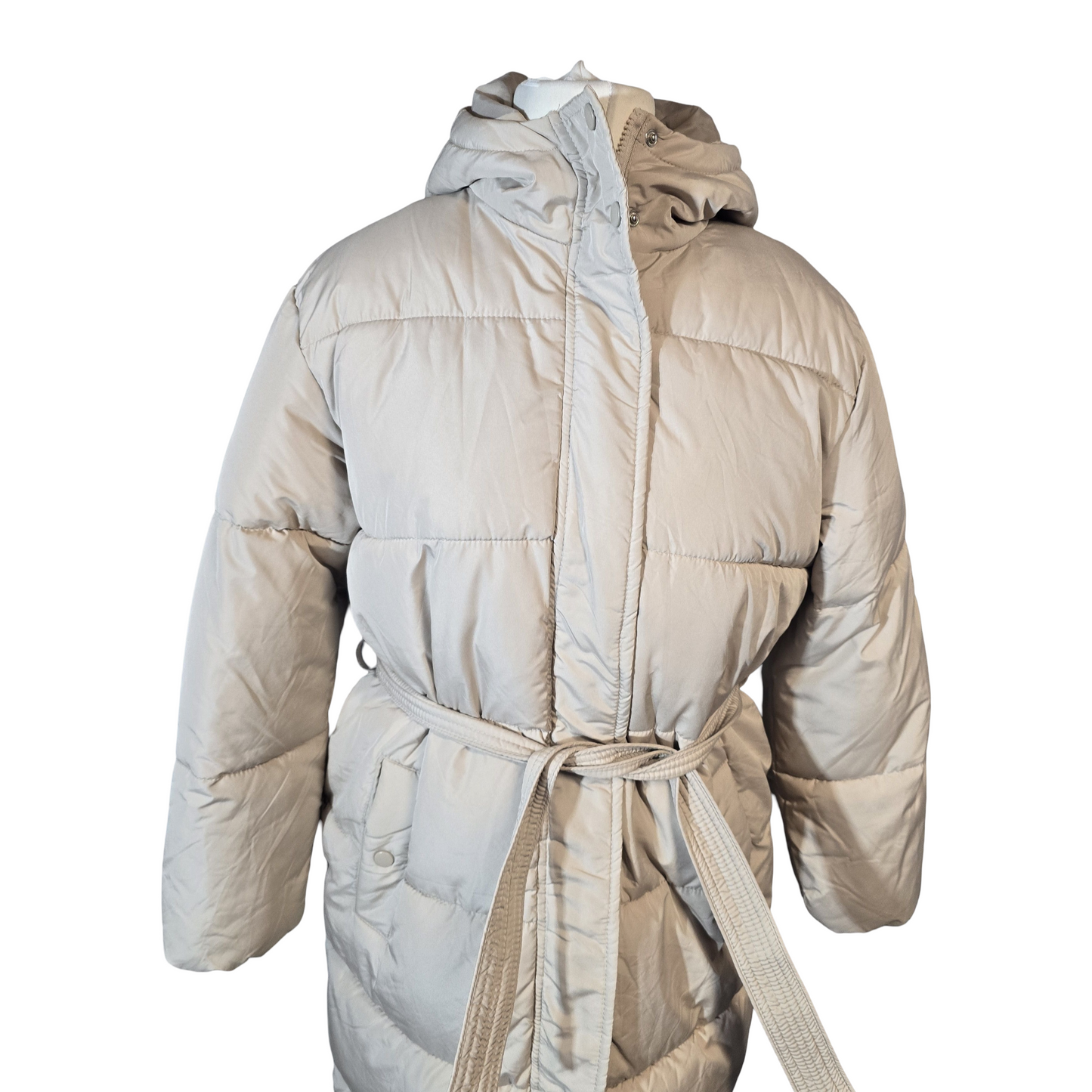 New Look Petite Cream Puffer Midi Coat – Belted, Hooded – Size 8