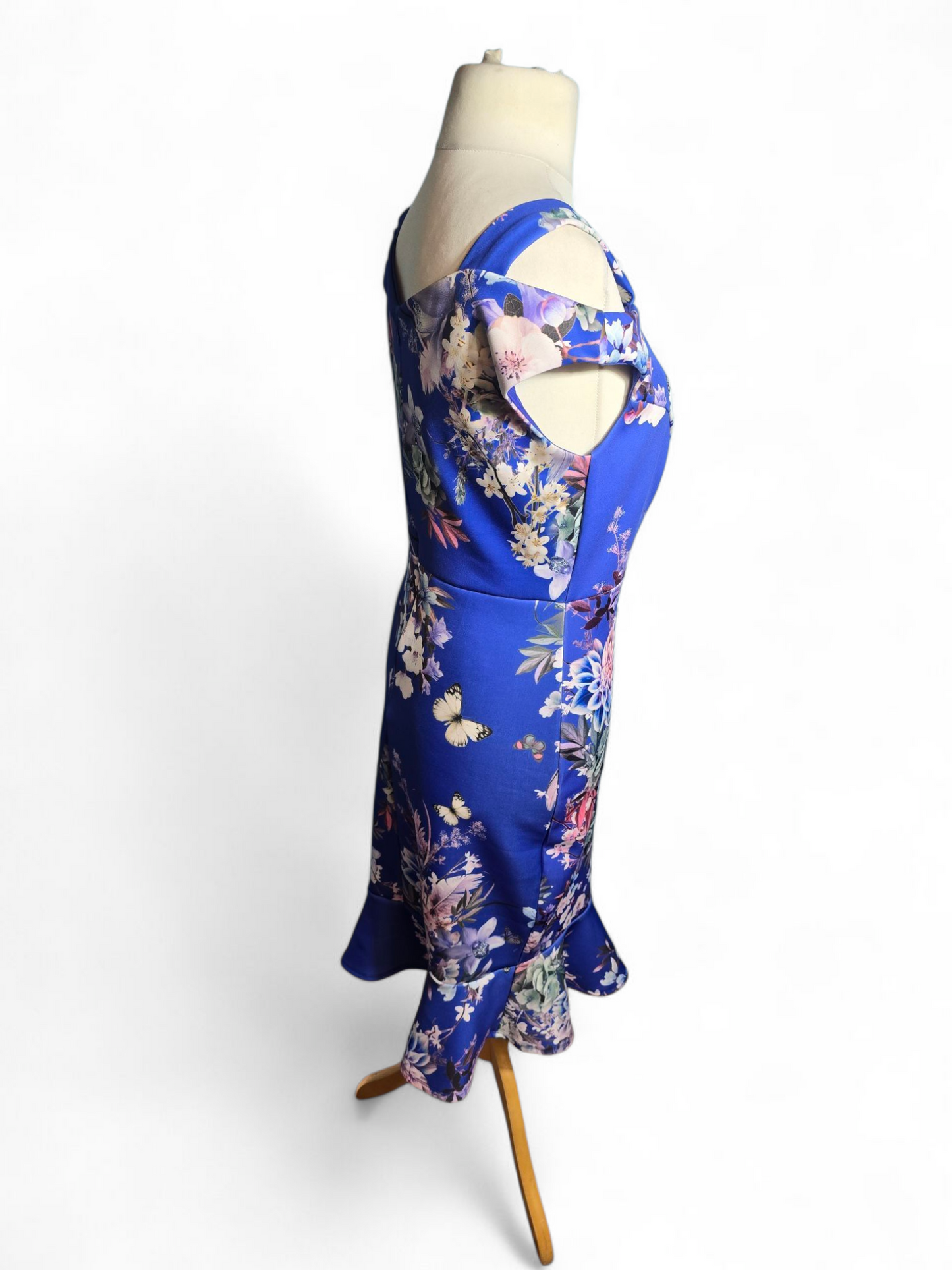 Kaleidoscope Blue Floral Cold Shoulder Dress – Size 12, Midi, Stretchy, Flared, Zip Back