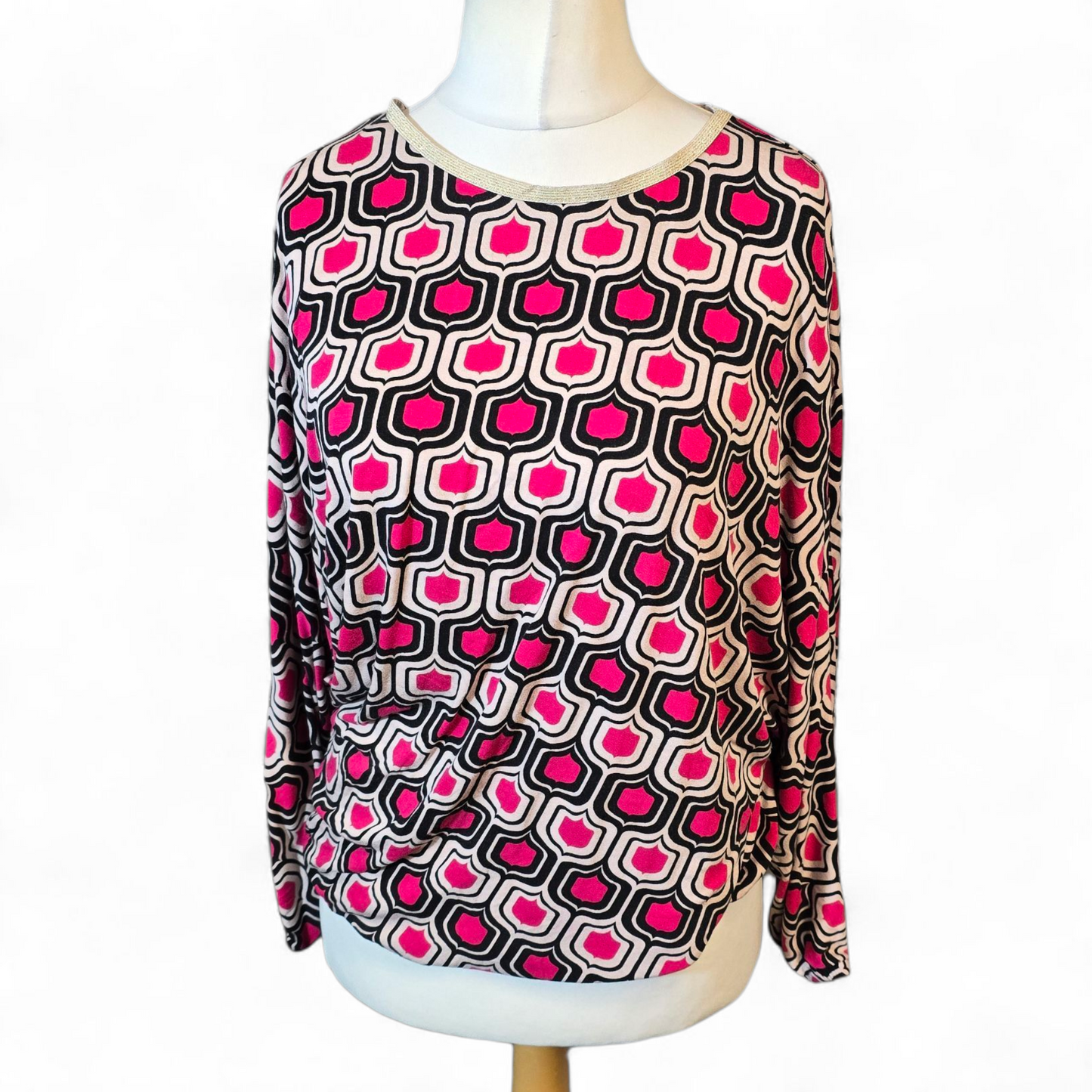 Bonmarché Pink, Black & Beige Patterned Top – Gold Trim, Batwing Sleeves – Size 12