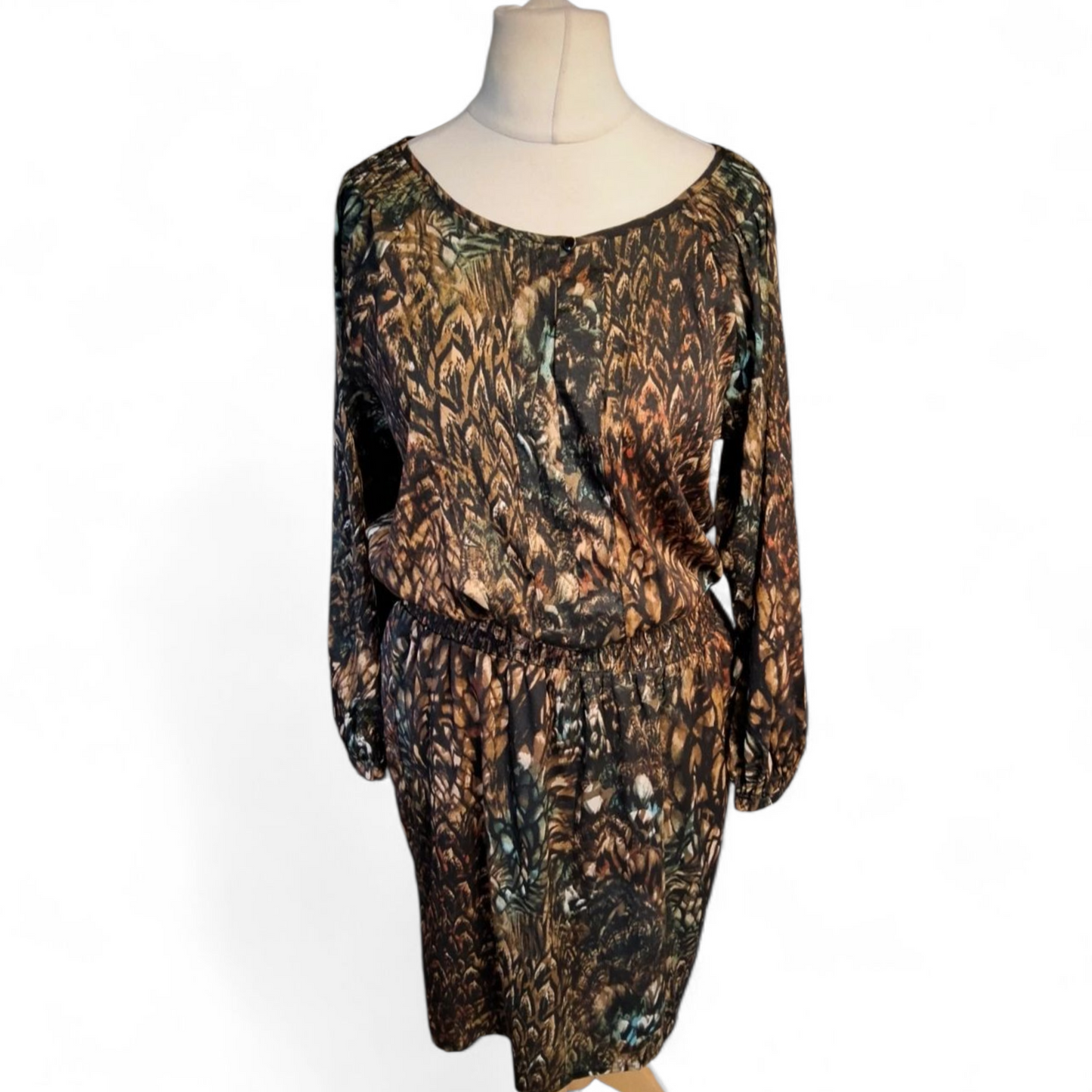 Laura Ashley Black Brown & Blue Patterned Long Sleeve Dress – Size 14