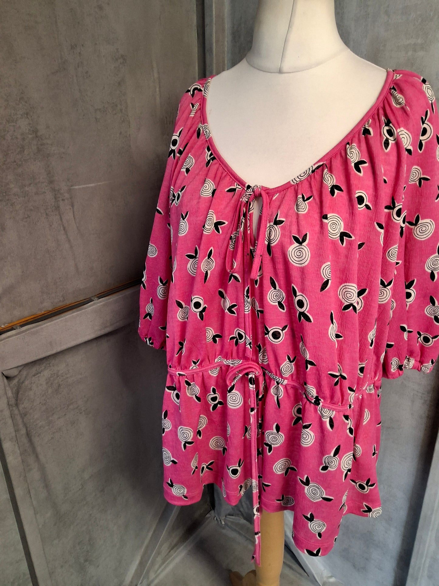 Celia Birtwell for Next Pink ¾ Sleeve Waist Tie Top – Size 18
