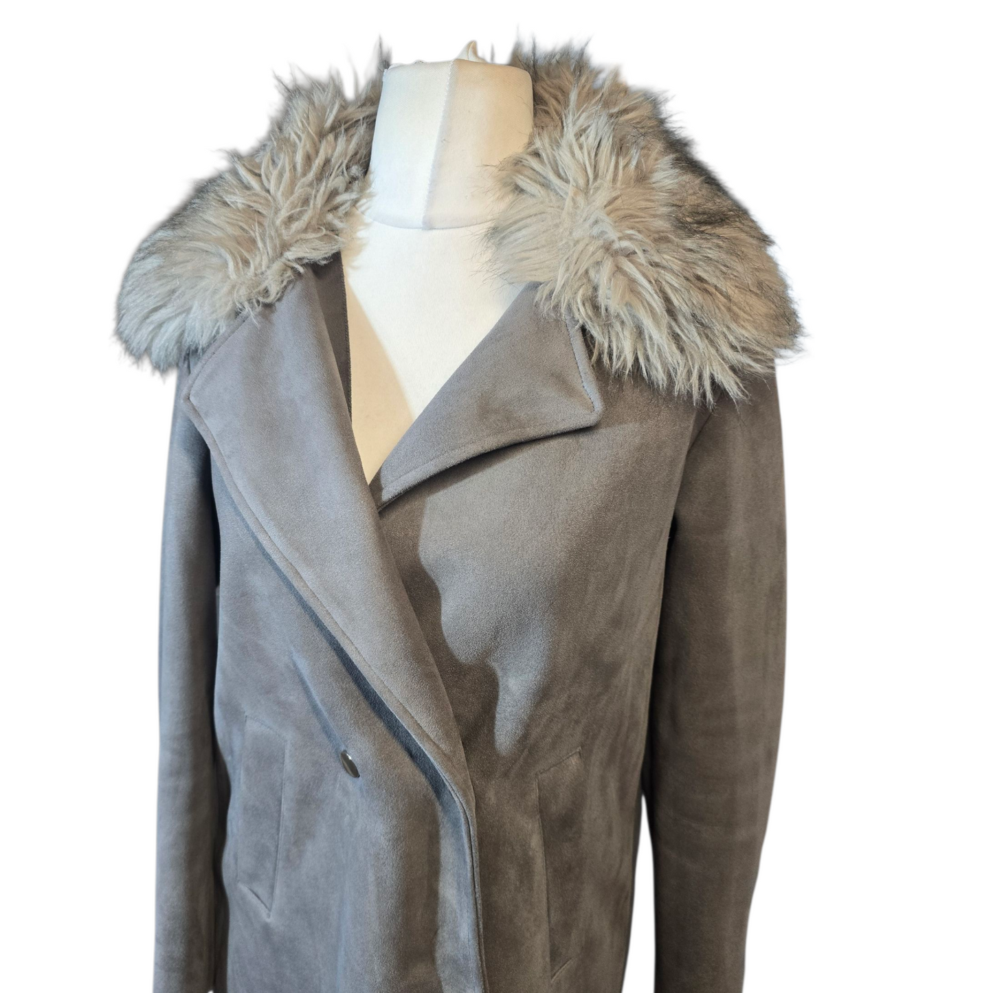 River Island Grey Suedette Coat – Size 10 – Faux Fur Collar Wrap Style Oversized