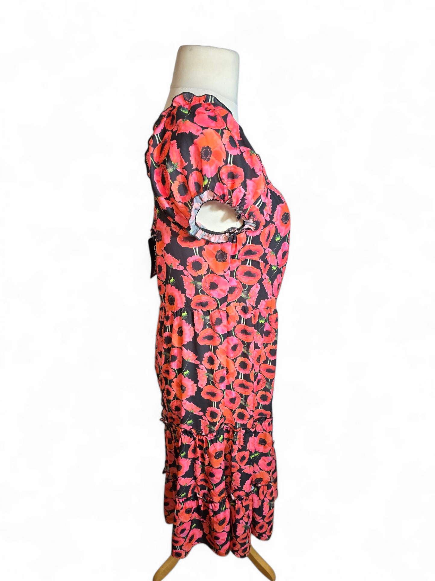 Boohoo Black & Pink Floral Midi Dress | Size 18 UK | Frill Detail, NWT, Zip Back